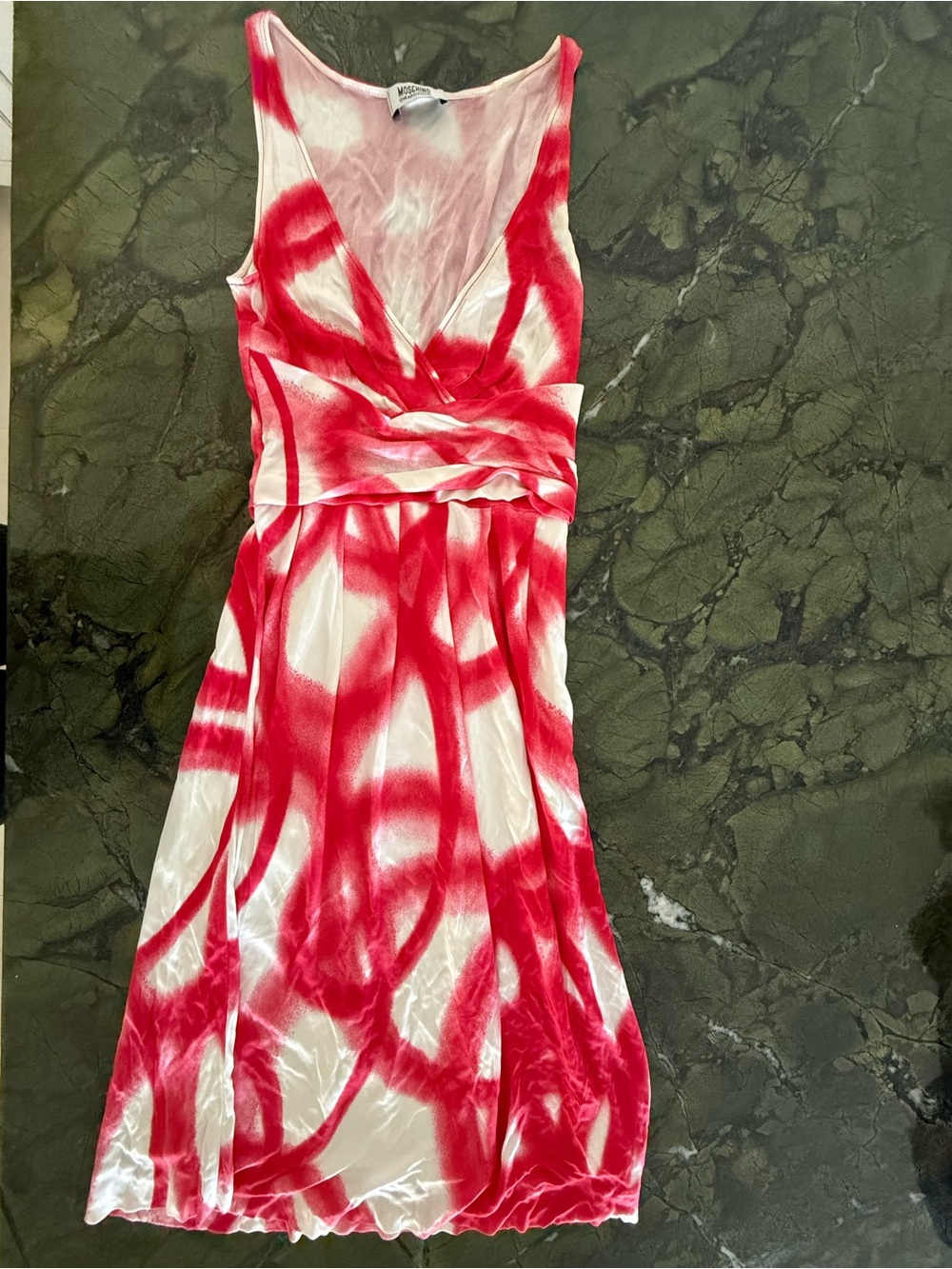 Moschino Sleeveless Red & White Tie-Dye V-Neck Dress